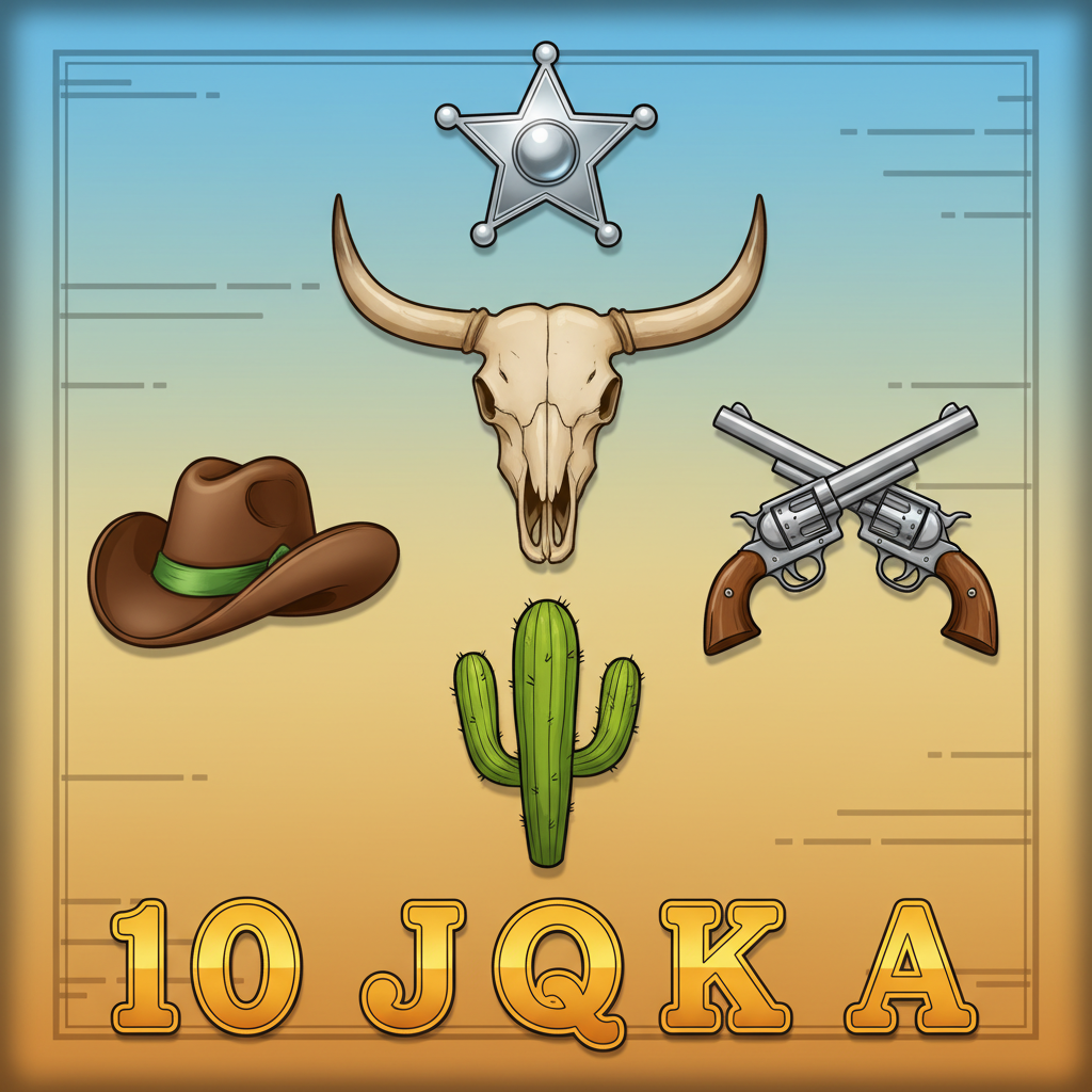 Alla symboler i Le Cowboy inklusive sheriff-stjärna, tjurskalle, korsade pistoler, kaktus och cowboyhatt