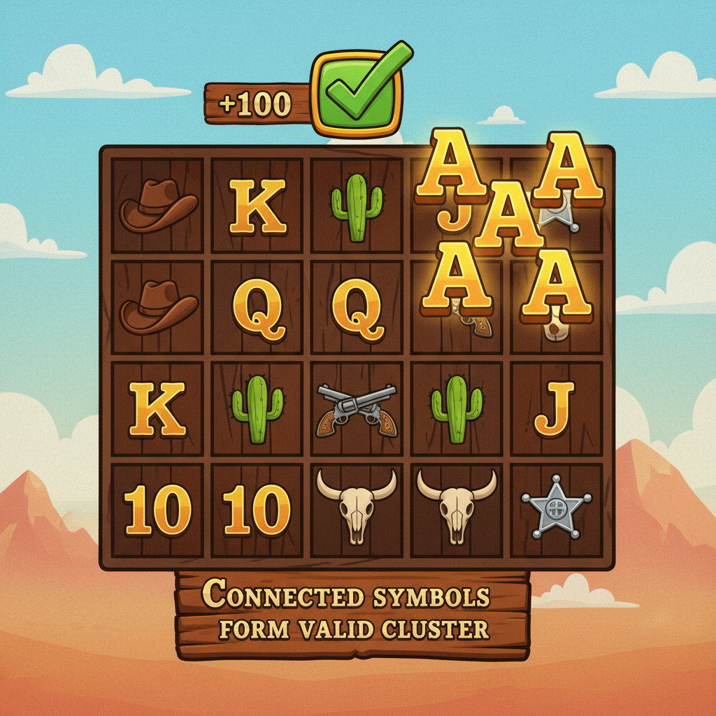 Exempel på cluster pays-vinst i Le Cowboy med sammankopplade symboler på rutnätet