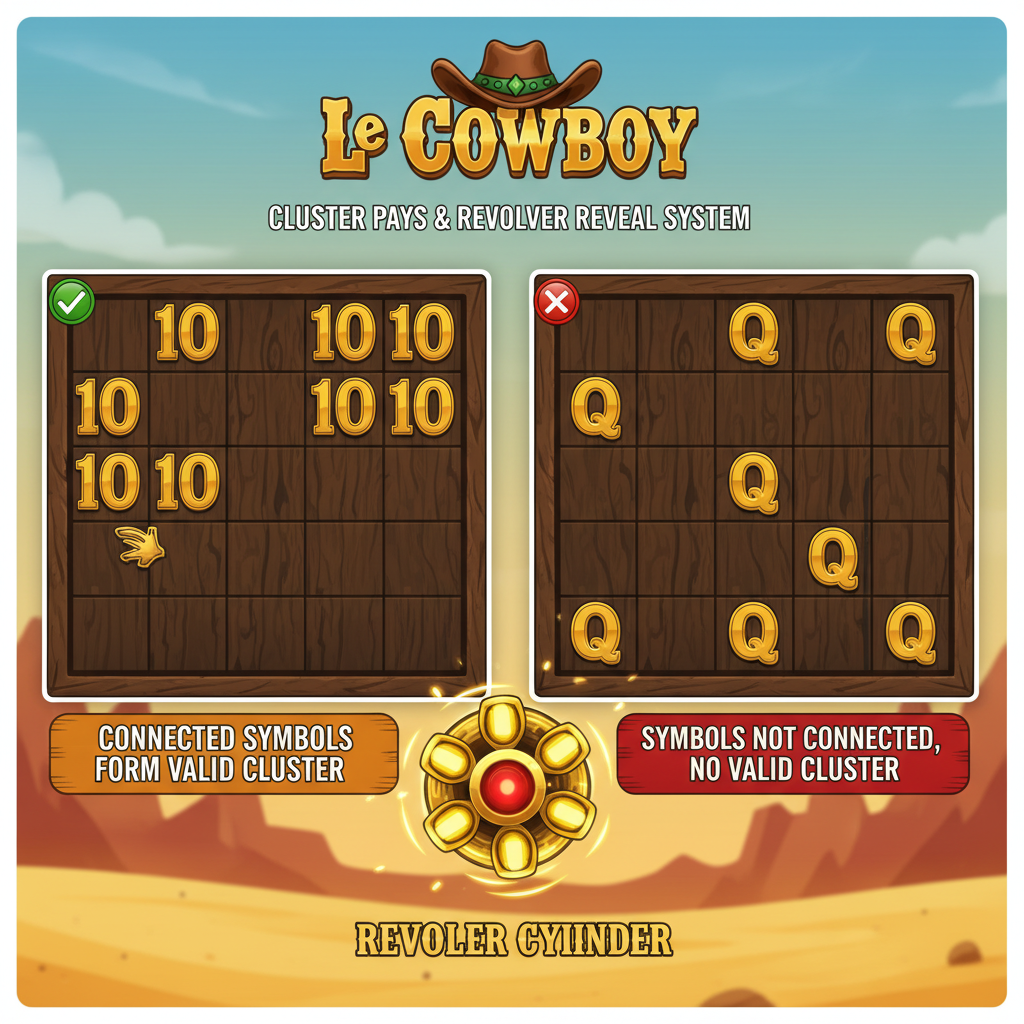 Le Cowboy gameplay-mekanism med cluster pays och Revolver Cylinder-systemet
