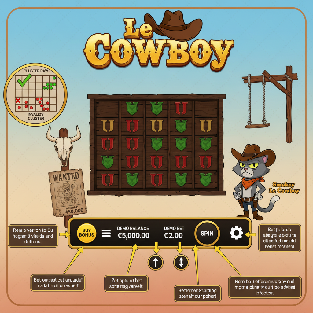 Le Cowboy spelkontroller och interface med alla knappar förklarade