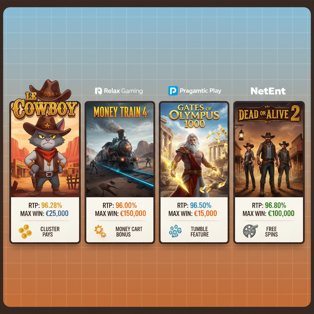 Le Cowboy jämförelse med populära slots 2026 - Money Train 4, Gates of Olympus 1000, Dead or Alive 2