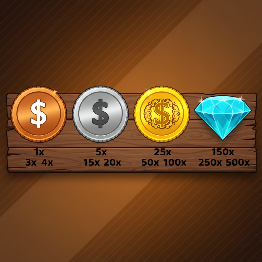 Brons-, silver- och guldmynt samt diamantsymboler i Le Cowboy med olika värden