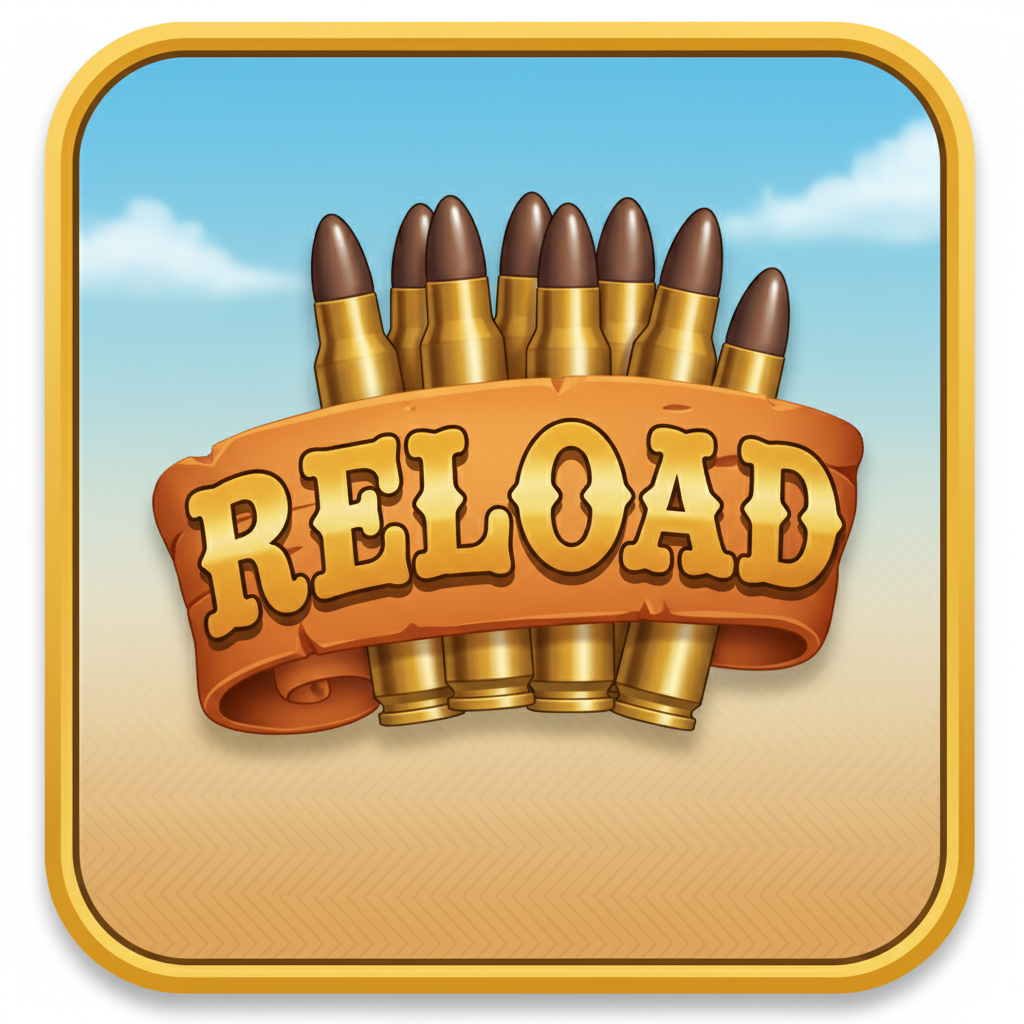 Reload-symbolen i Le Cowboy – guldiga kulor som stavar RELOAD på orange banner