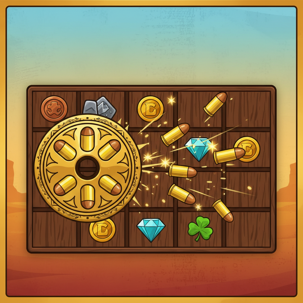 Revolver Cylinder-symbolen i Le Cowboy – gyllene revolverkammare med kulor som avfyras mot rutnätet