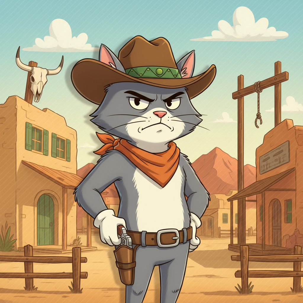 Smokey Le Cowboy – antropomorf katt i cowboyutstyrsel framför ökenlandskap med adobe-byggnader