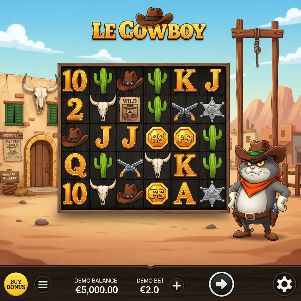 Le Cowboy 6x5 spelrutnät med mörk trästruktur och Wild West-bakgrund